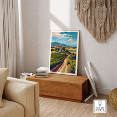 Paso Robles Farmhouse and Vines Print | California Wine Lover Wall Art displayed in a cozy living space with rustic decor.