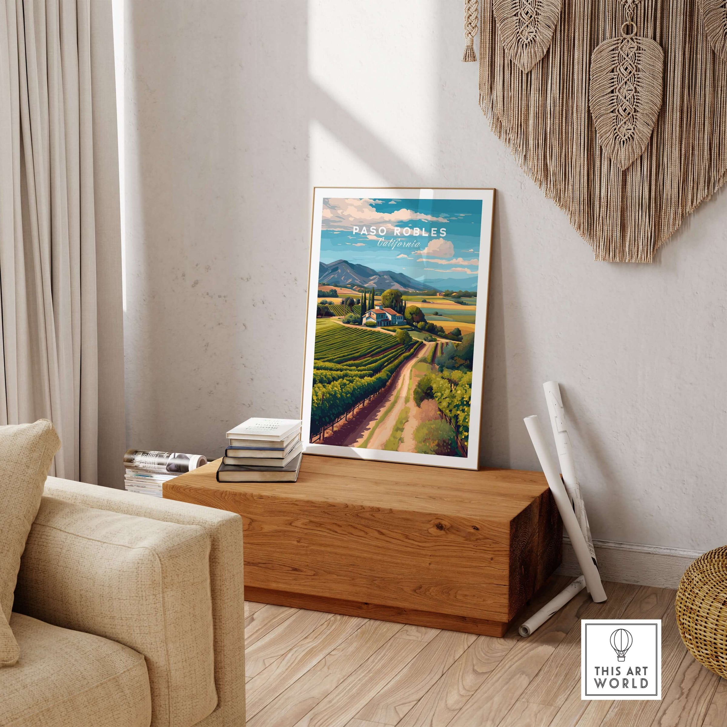 Paso Robles Farmhouse and Vines Print | California Wine Lover Wall Art displayed in a cozy living space with rustic decor.