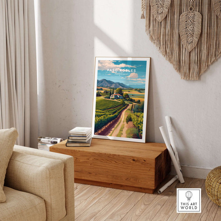 Paso Robles Farmhouse and Vines Print | California Wine Lover Wall Art displayed in a cozy living room setting.