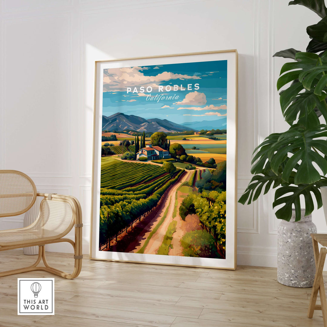 Paso Robles Farmhouse and Vines Print | California Wine Lover Wall Art showcasing a picturesque vineyard landscape.