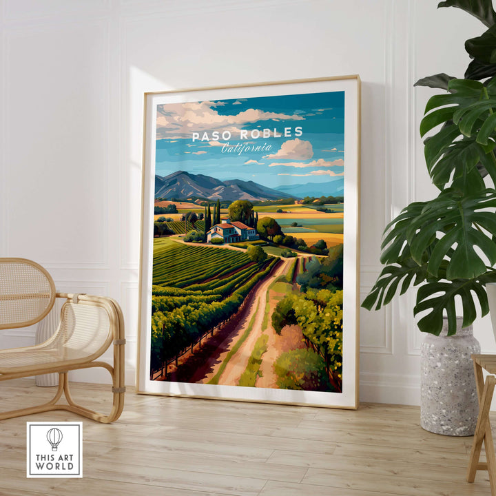 Paso Robles Farmhouse and Vines Print | California Wine Lover Wall Art showcasing a picturesque vineyard landscape.