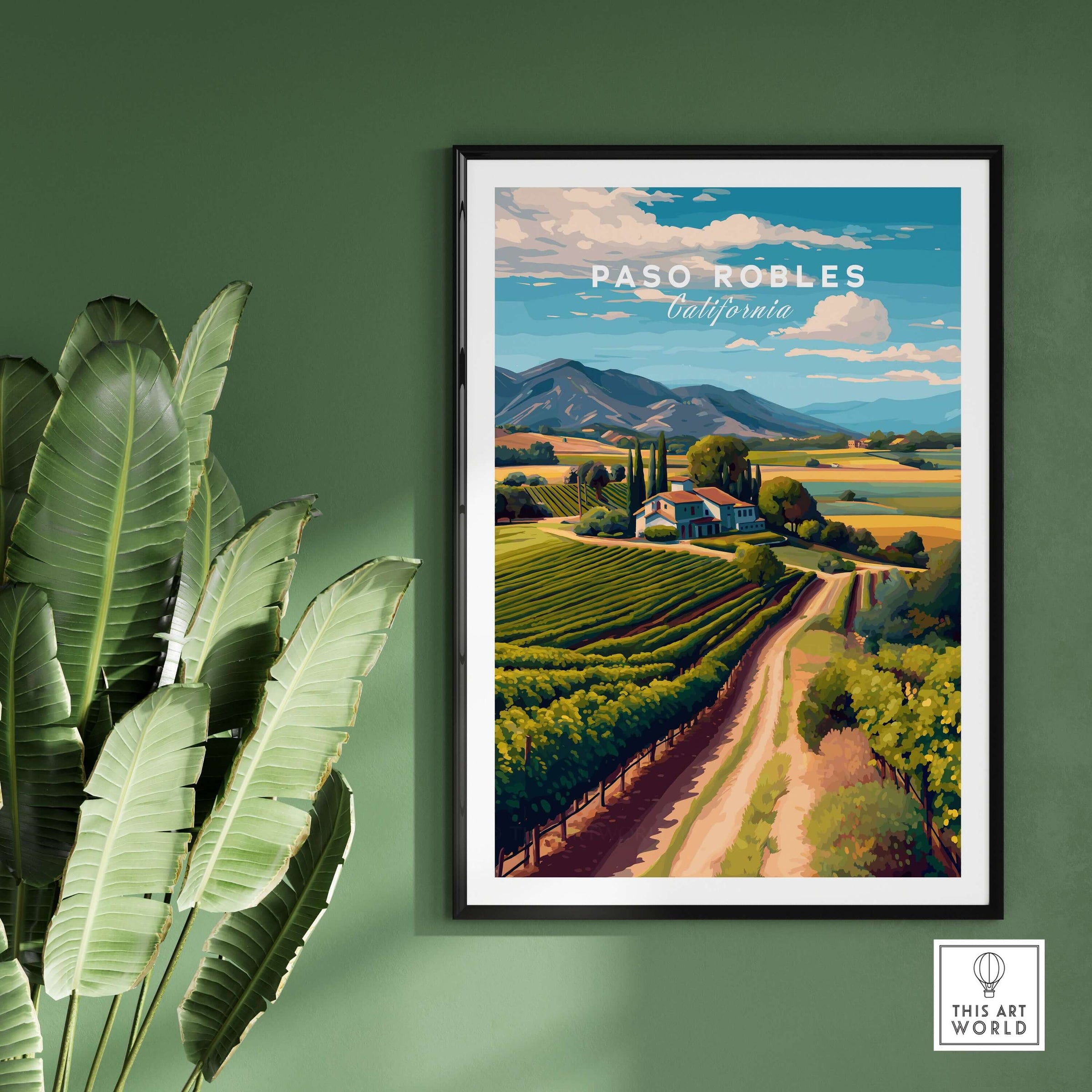 Paso Robles Farmhouse and Vines Print | California Wine Lover Wall Art on green wall with plants.