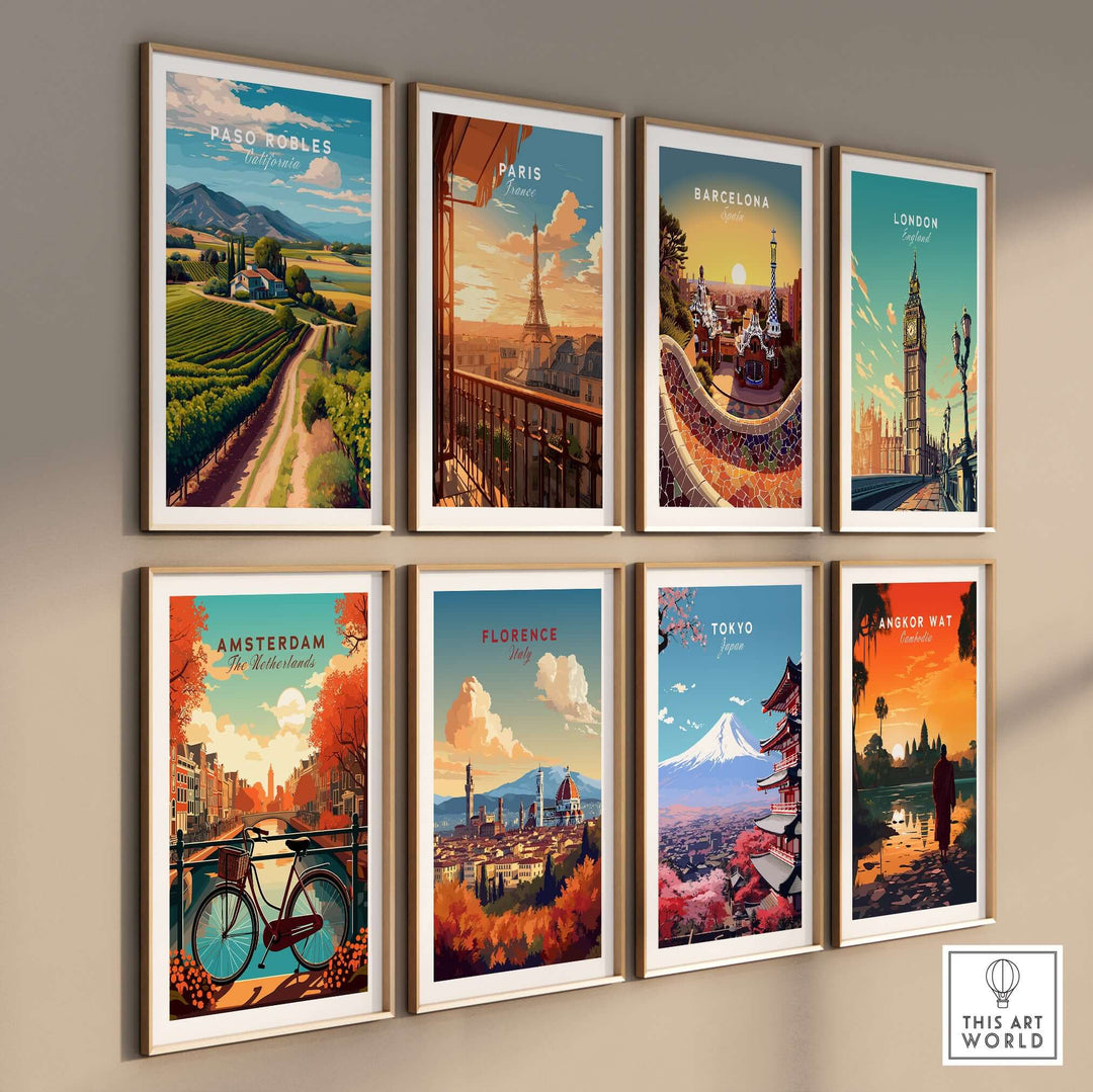 Paso Robles Farmhouse and Vines Print | California Wine Lover Wall Art displayed alongside other iconic city prints.