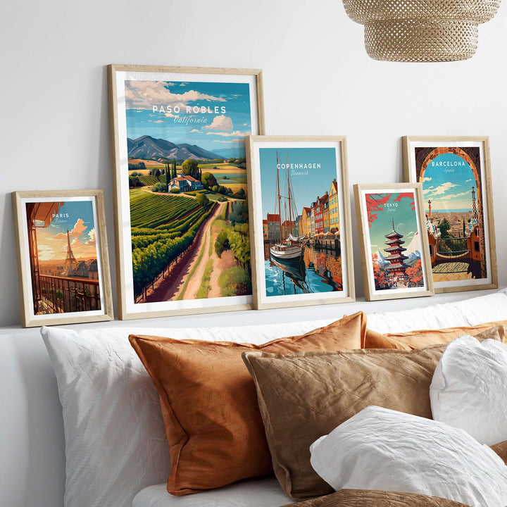 Paso Robles Farmhouse and Vines Print | California Wine Lover Wall Art displayed among various travel prints.