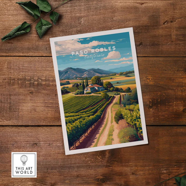 Paso Robles Farmhouse and Vines Print | California Wine Lover Wall Art showcasing a serene vineyard landscape.