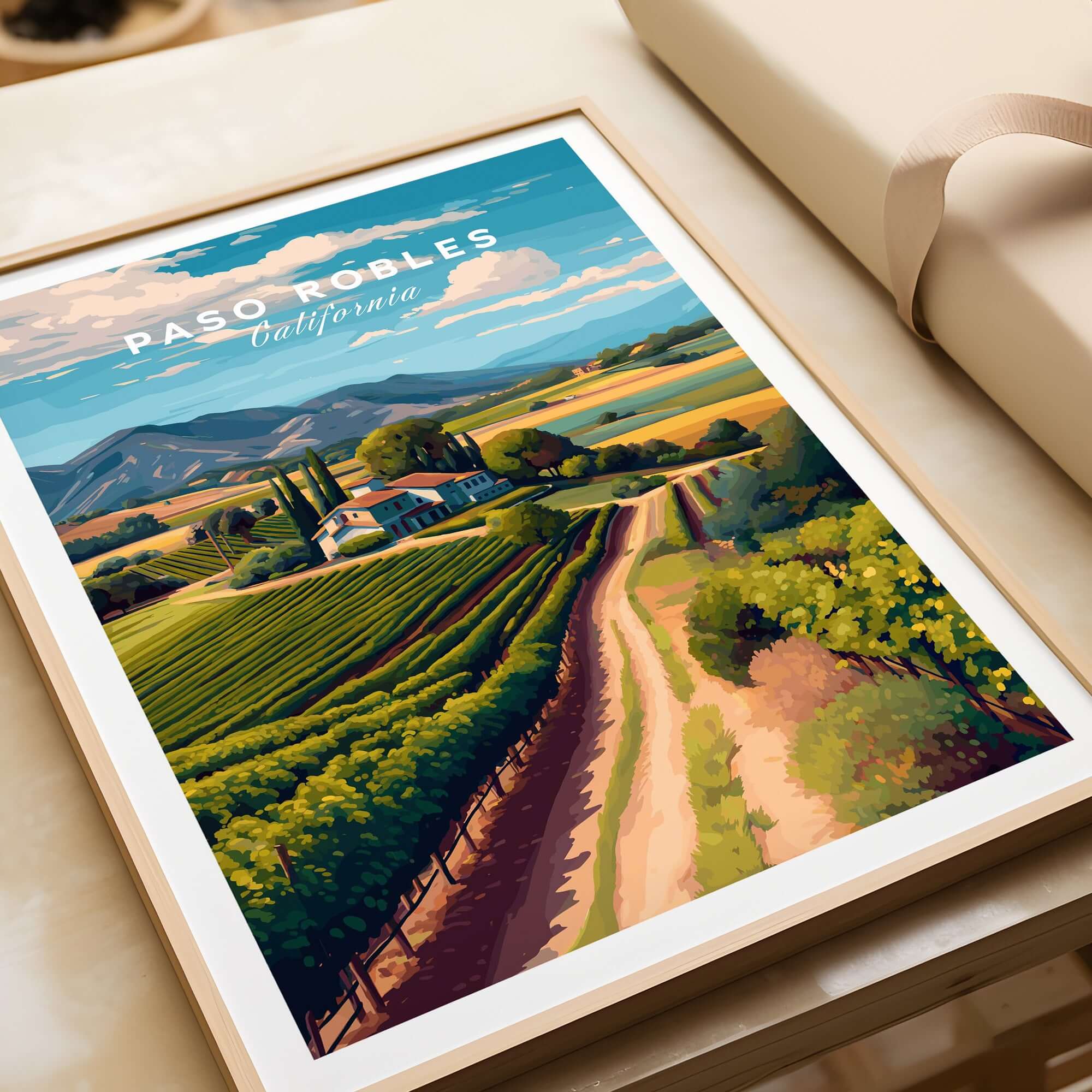Paso Robles Farmhouse and Vines Print | California Wine Lover Wall Art featuring vineyards and rustic charm.