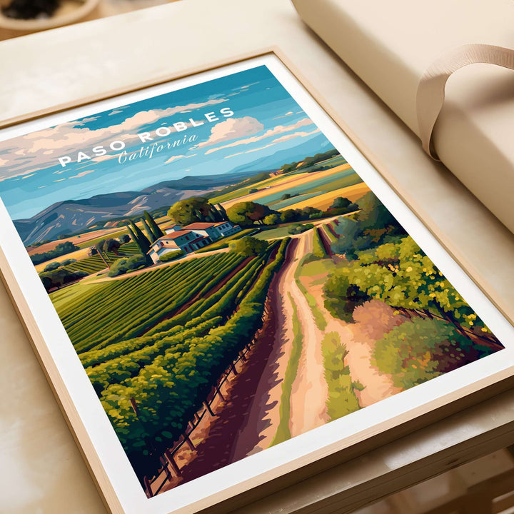 Paso Robles Farmhouse and Vines Print | California Wine Lover Wall Art showcasing a picturesque vineyard landscape.