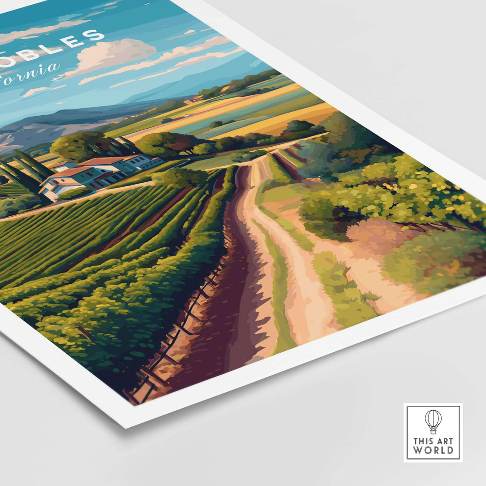 Paso Robles Farmhouse and Vines Print | California Wine Lover Wall Art showcasing vineyards and rustic charm.