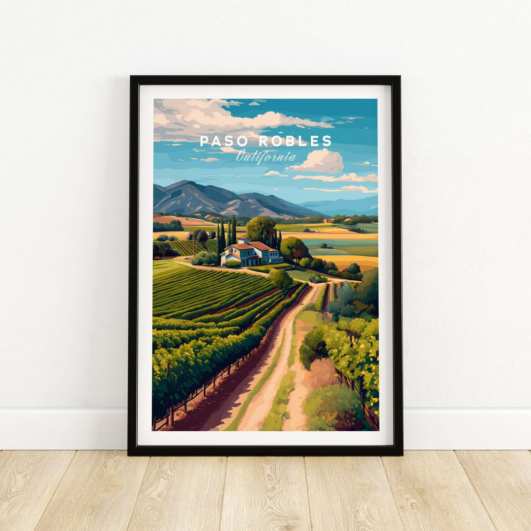 Paso Robles Farmhouse and Vines Print | California Wine Lover Wall Art showcasing tranquil vineyards and rustic farmhouses.
