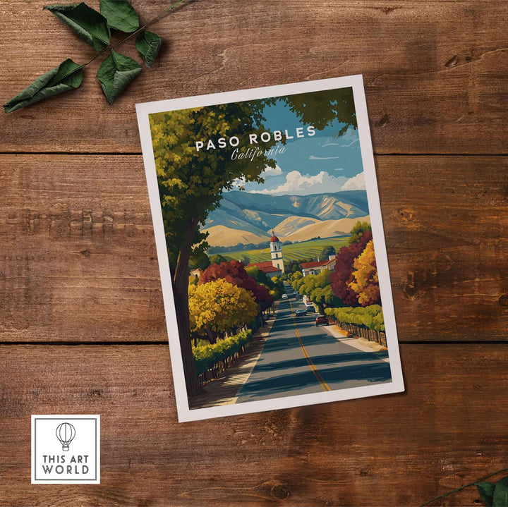 Paso Robles Print | California Home Decor showcasing serene landscapes and vineyards on a rustic wooden background