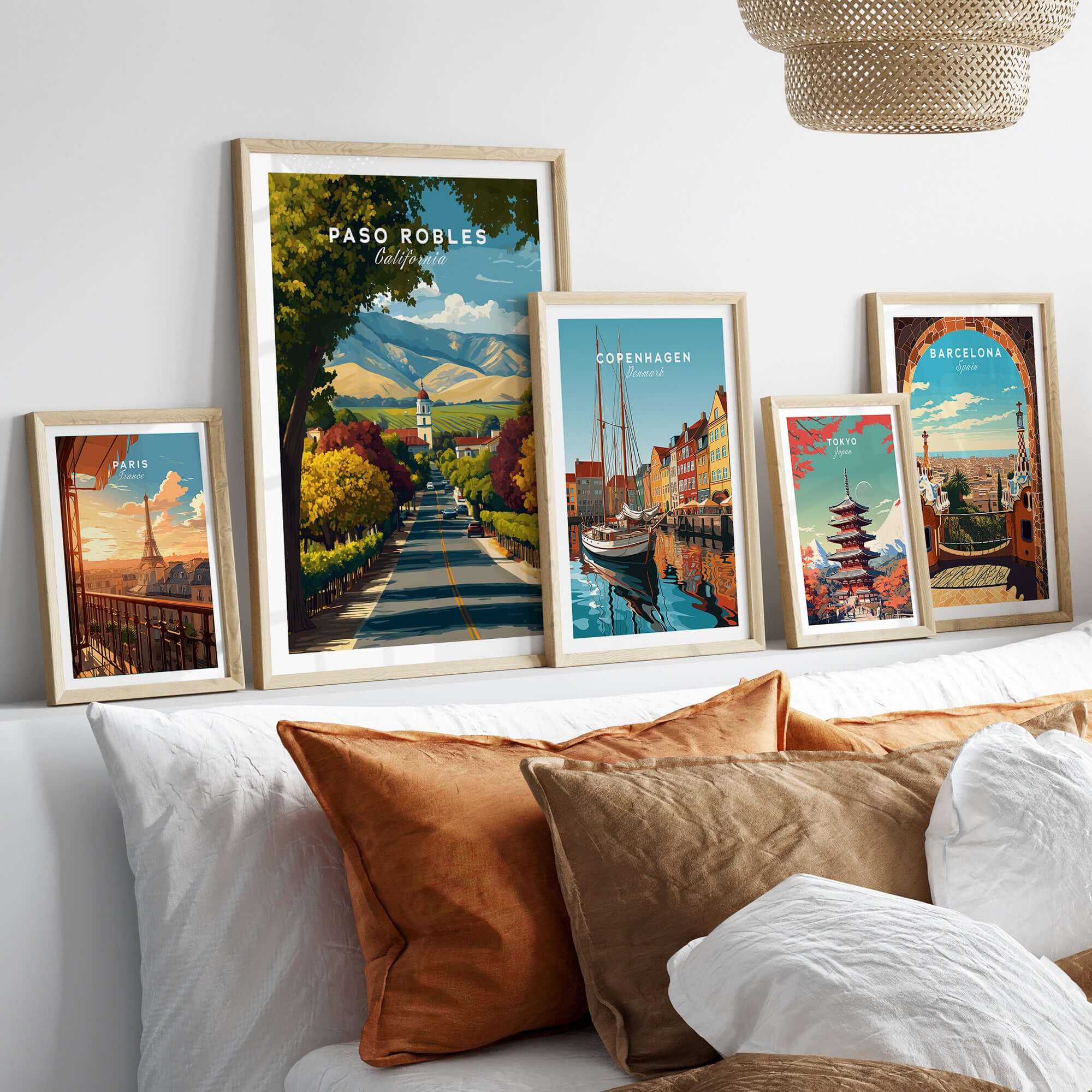Paso Robles Print | California Home Decor displayed in stylish frames on a cozy sofa with decorative pillows.