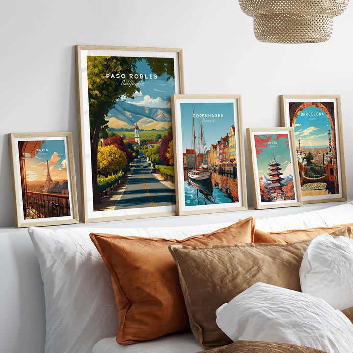 Paso Robles Print | California Home Decor showcasing charming vineyard landscapes in elegant frames on a cozy bed decor.