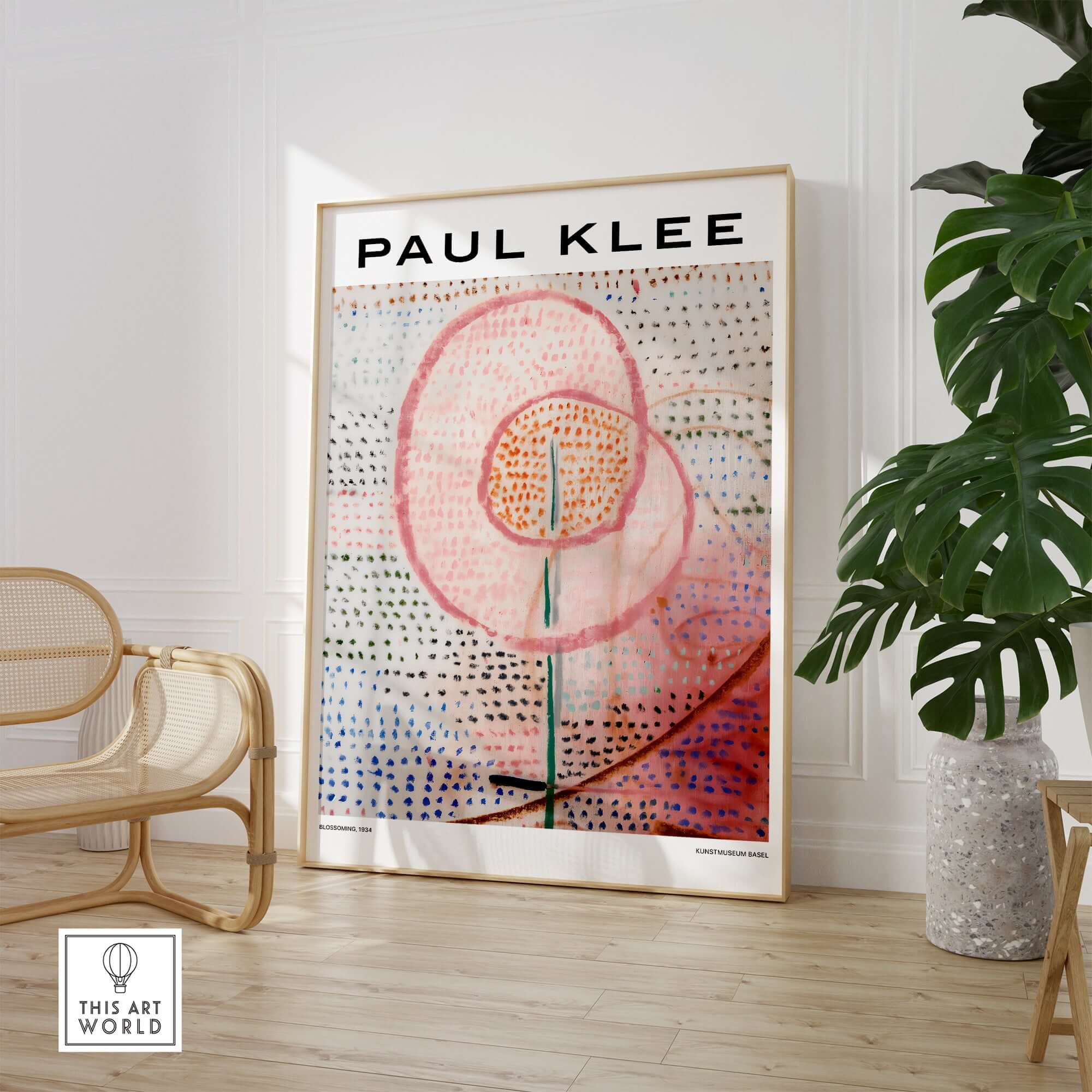 Paul Klee Blossoming Abstract Floral Modern Poster Art Print Decor displayed in stylish interior with plants and furniture.