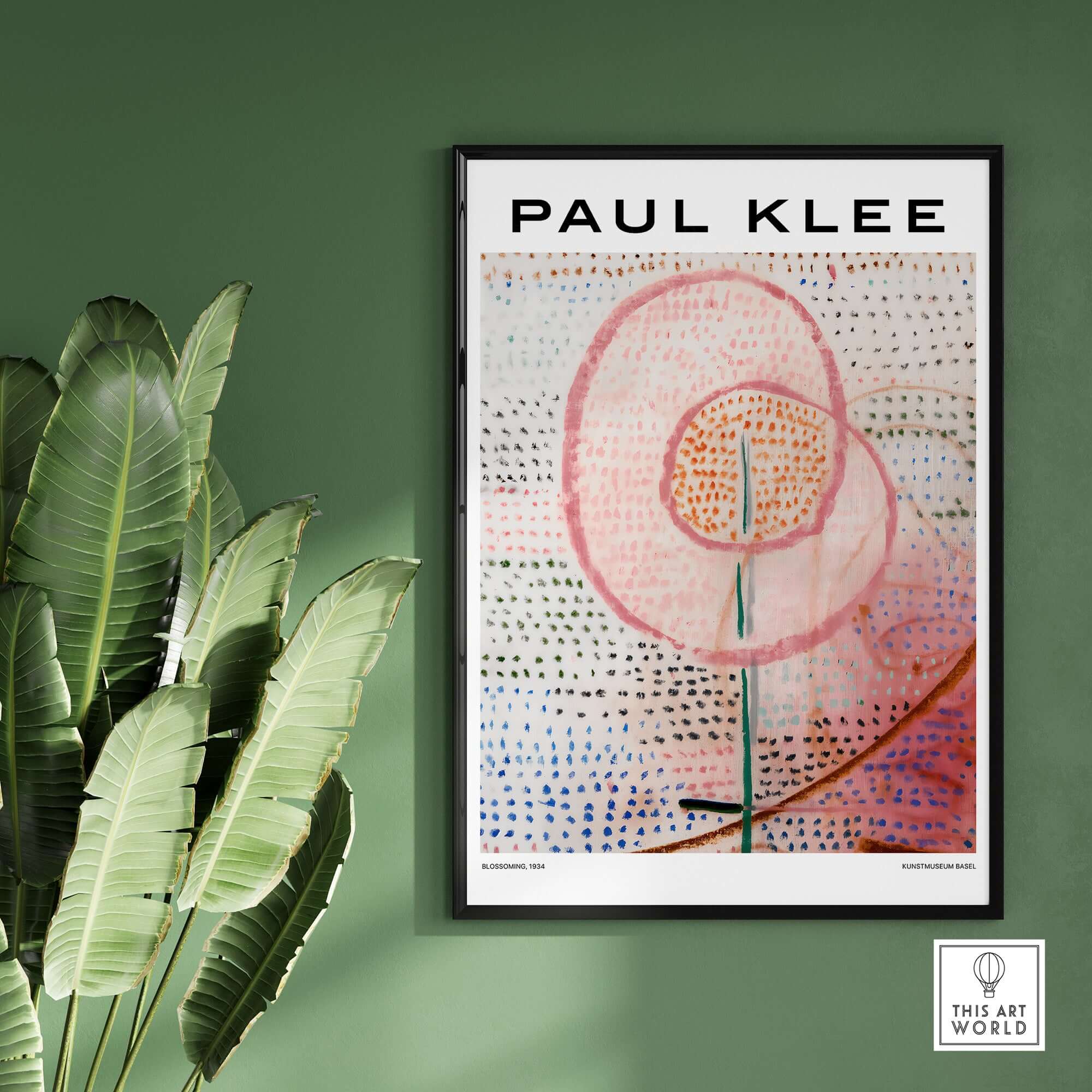 Paul Klee Blossoming Abstract Floral Modern Poster Art Print Decor displayed in a frame on a green wall with plants.