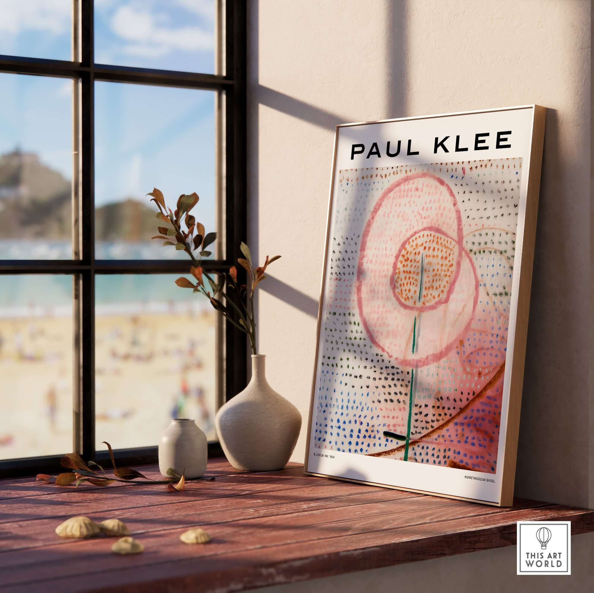 Paul Klee Blossoming Abstract Floral Modern Poster Art Print Decor displayed on a windowsill with natural light.