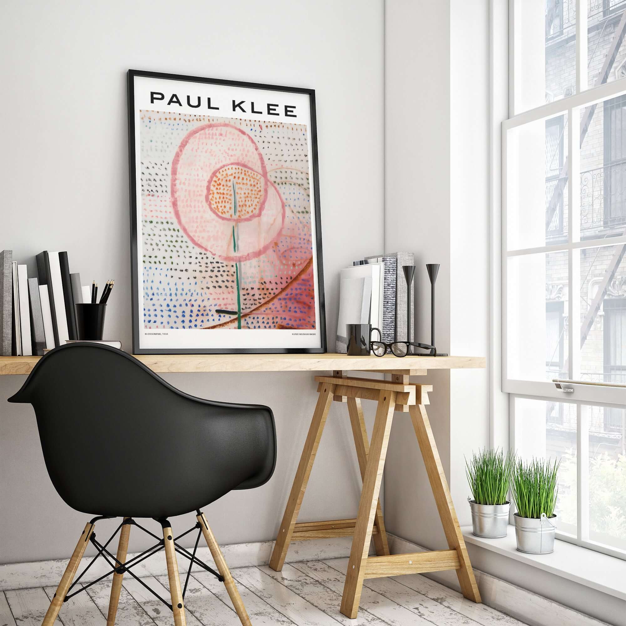 Paul Klee Blossoming Abstract Floral Modern Poster Art Print Decor displayed in a bright, modern office setting.
