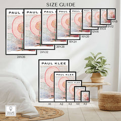 Size guide for Paul Klee Blossoming Abstract Floral Modern Poster Art Print Decor displayed in various sizes.