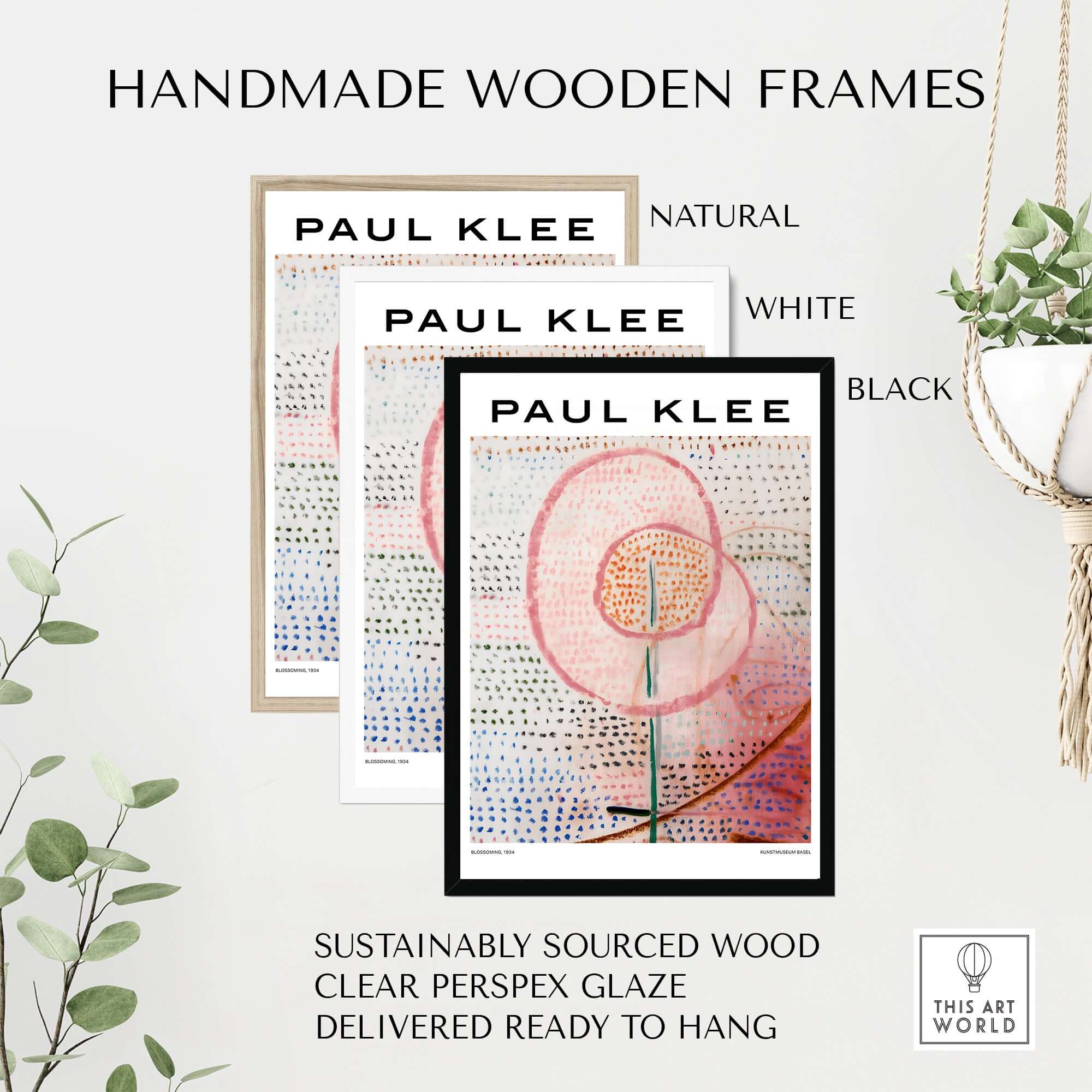 Handmade wooden frames for Paul Klee Blossoming Abstract Floral Modern Poster Art Print Decor in natural, white, and black.