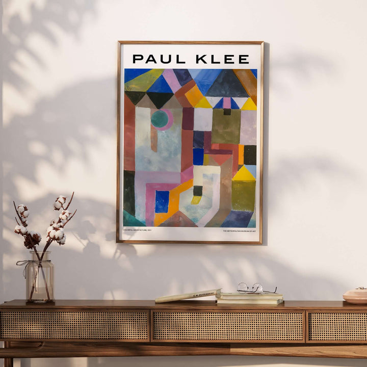 Paul Klee Colorful Architecture abstract geometric art print on wall with furniture and decor elements.