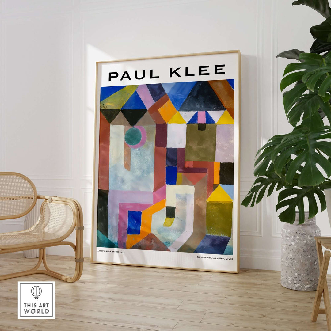 Abstract geometric poster art by Paul Klee featuring colorful architectural shapes and planes.
