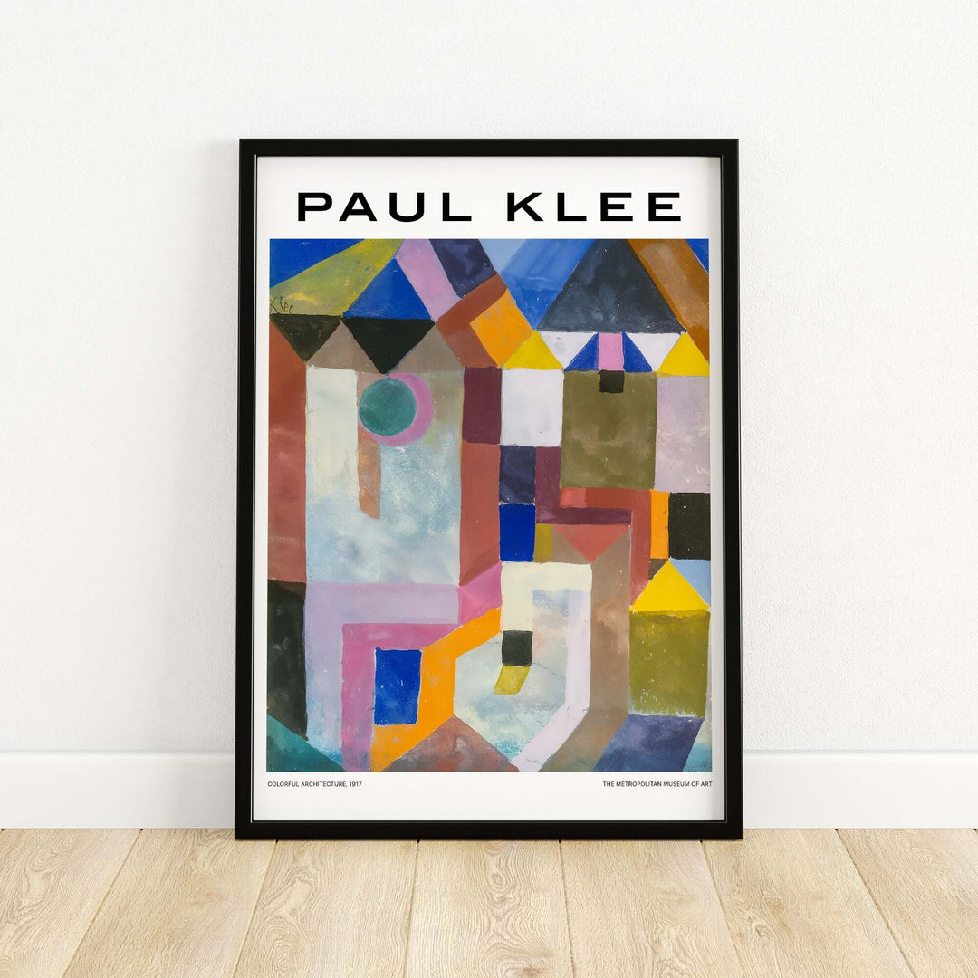 Paul Klee Colorful Architecture abstract geometric art print framed on wall, featuring vibrant colors and shapes.