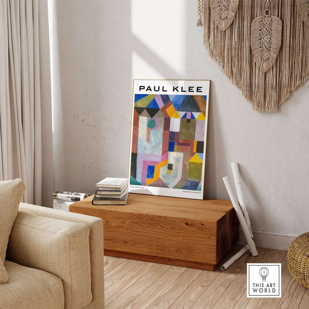 Paul Klee colorful architecture abstract geometric poster art print displayed in modern living room decor.