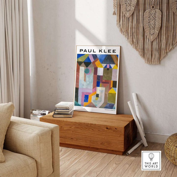 Paul Klee colorful architecture abstract geometric poster art print displayed in modern living room decor.