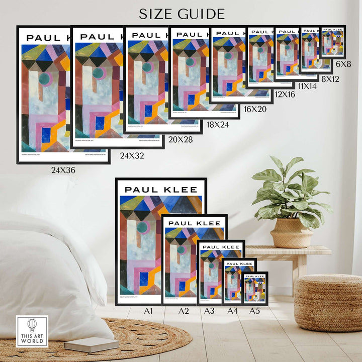 Size guide for Paul Klee Colorful Architecture abstract poster art prints in various dimensions.