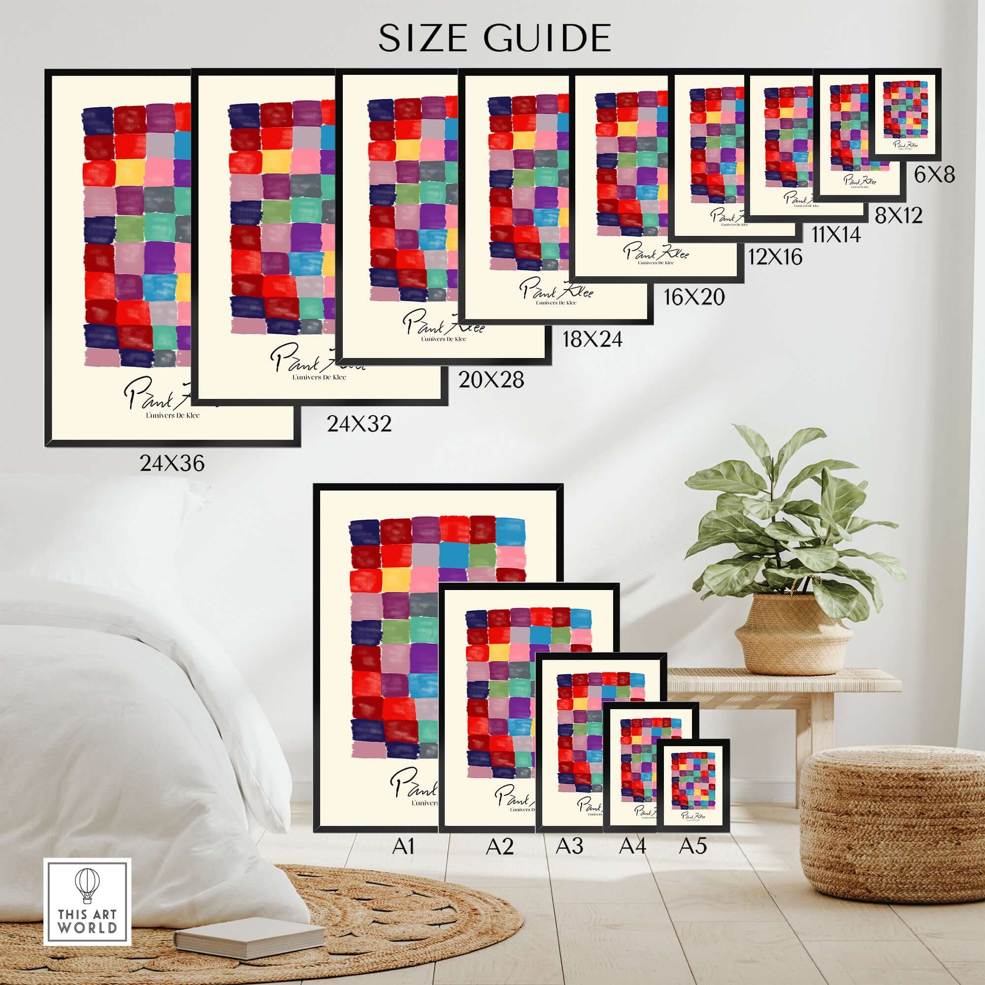 Paul Klee L univers De Klee Colorful Squares Abstract Grid Poster Art Print size guide display with various dimensions.