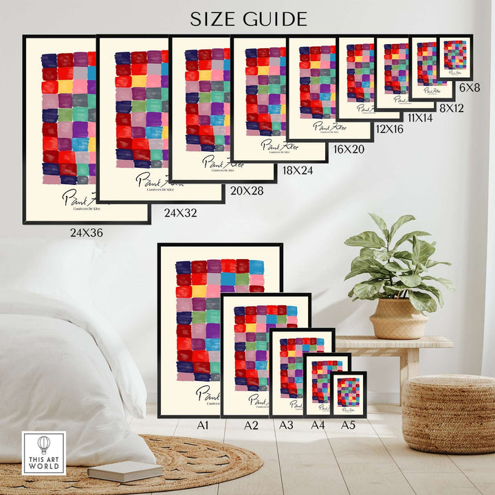 Size guide for Paul Klee Colorful Squares Abstract Grid Art Print, showcasing various frame sizes.