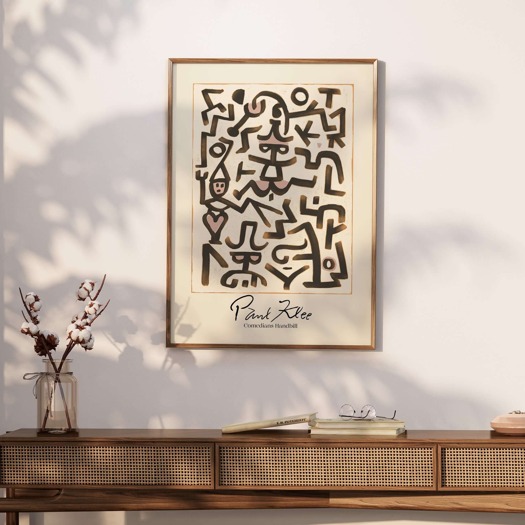 Paul Klee Comedians Handbill Abstract Figures Poster Modern Art Print showcasing whimsical symbols and shapes on a wall.