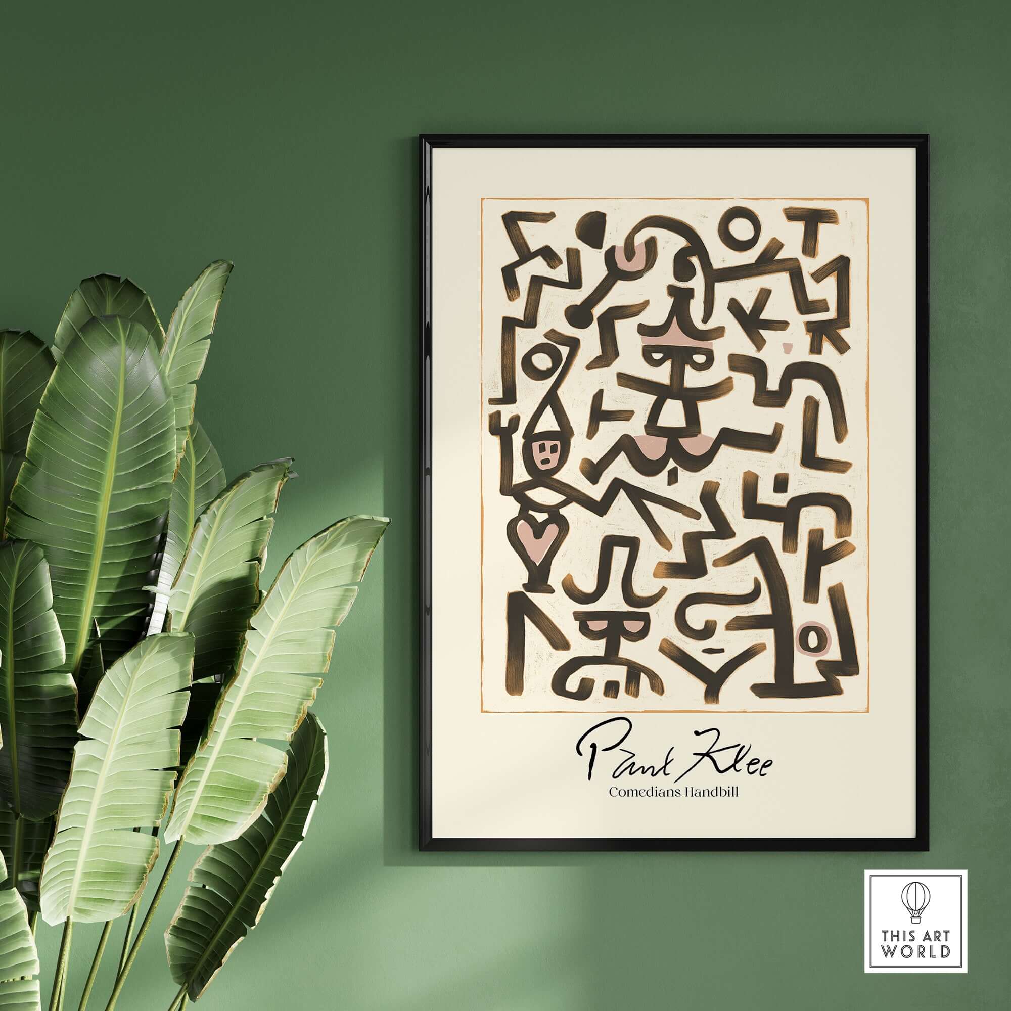 Paul Klee Comedians Handbill Abstract Figures Poster Modern Art Print showcased on wall with tropical plant.