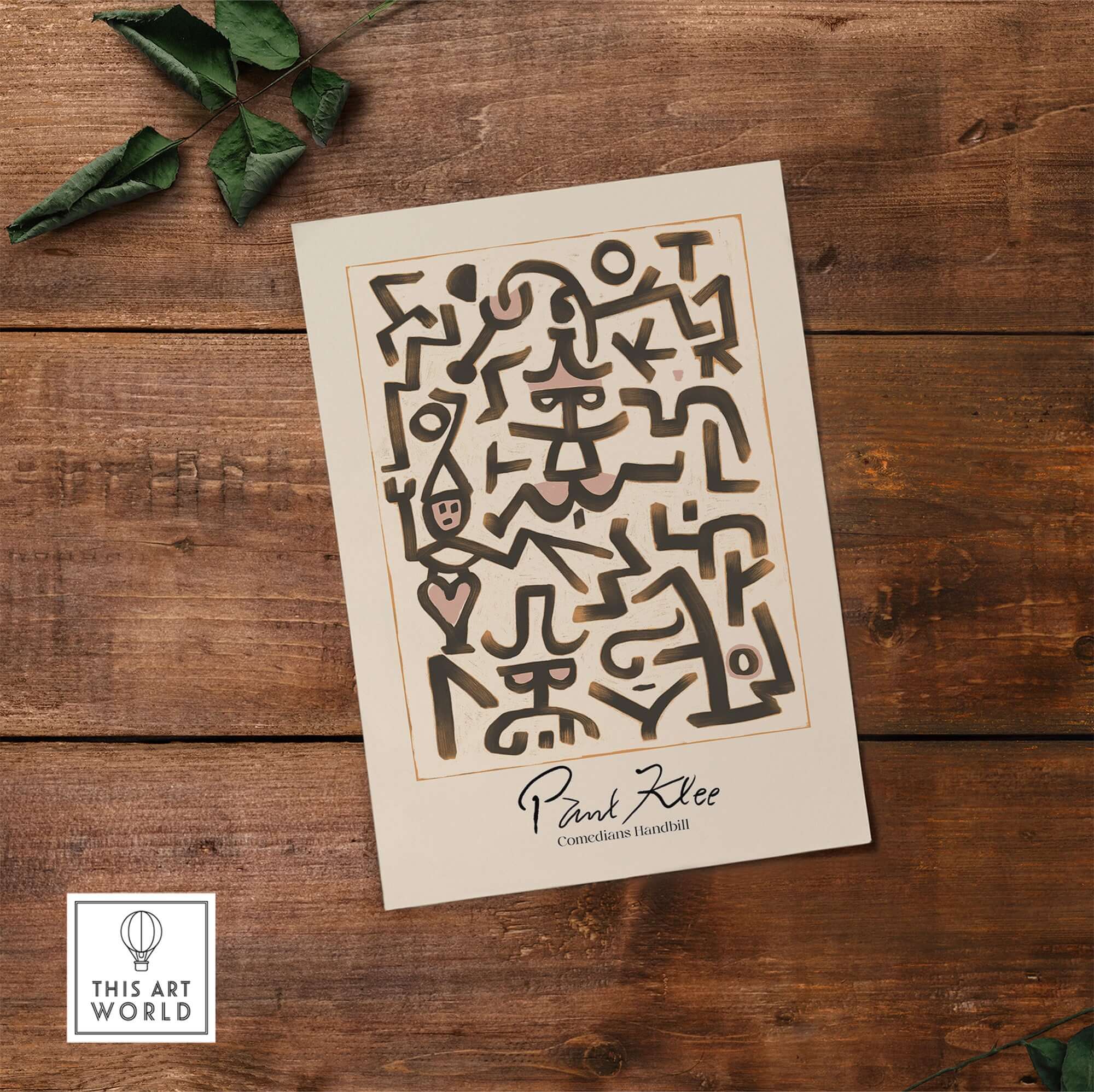 Paul Klee Comedians Handbill Abstract Figures Poster Modern Art Print featuring whimsical figures and shapes on a wooden background.