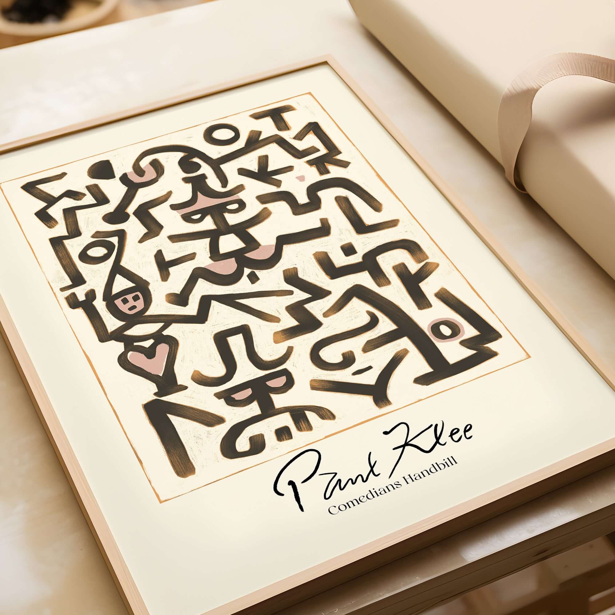 Paul Klee Comedians Handbill Abstract Figures Poster Modern Art Print displayed in a framed print with whimsical symbols.