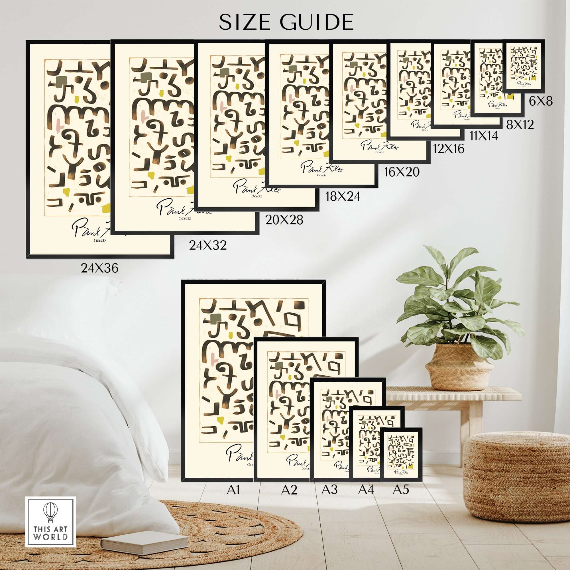 Paul Klee Gesetz Abstract Symbols Modern Art Print Wall Poster Decor size guide with various frame sizes displayed.