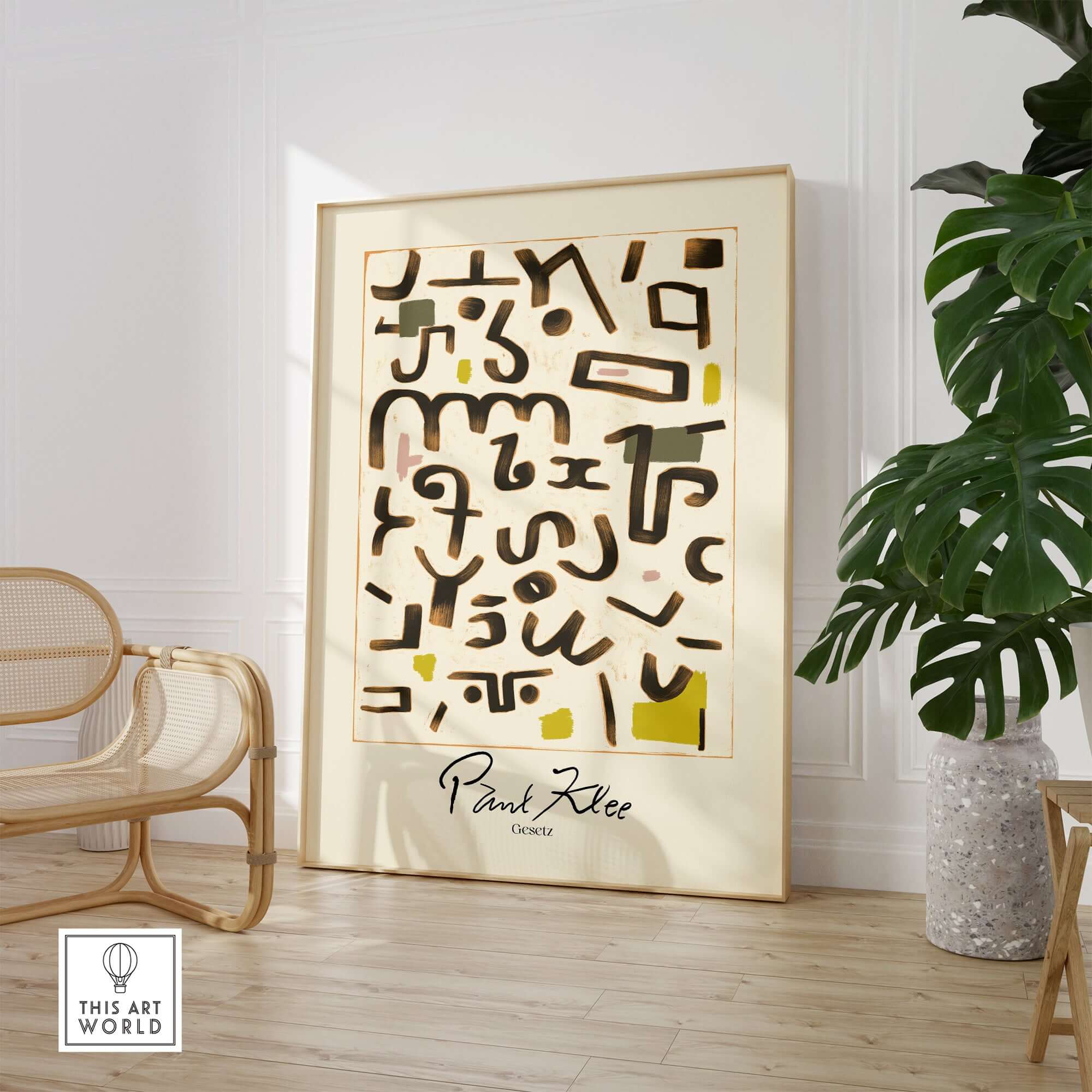 Paul Klee Gesetz Abstract Symbols Modern Art Print Wall Poster Decor in a modern living space with plants.