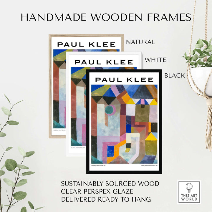 Handmade wooden frames for Paul Klee colorful abstract posters in natural, white, and black options.