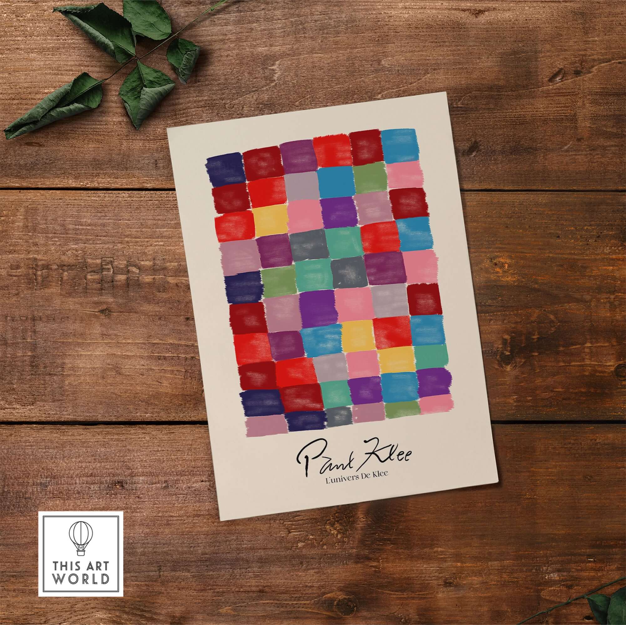 Paul Klee L univers De Klee Colorful Squares Abstract Grid Poster Art Print displayed on wooden background.