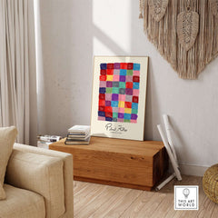 Paul Klee L univers De Klee Colorful Squares Abstract Grid Poster Art Print displayed in a modern living room setting.