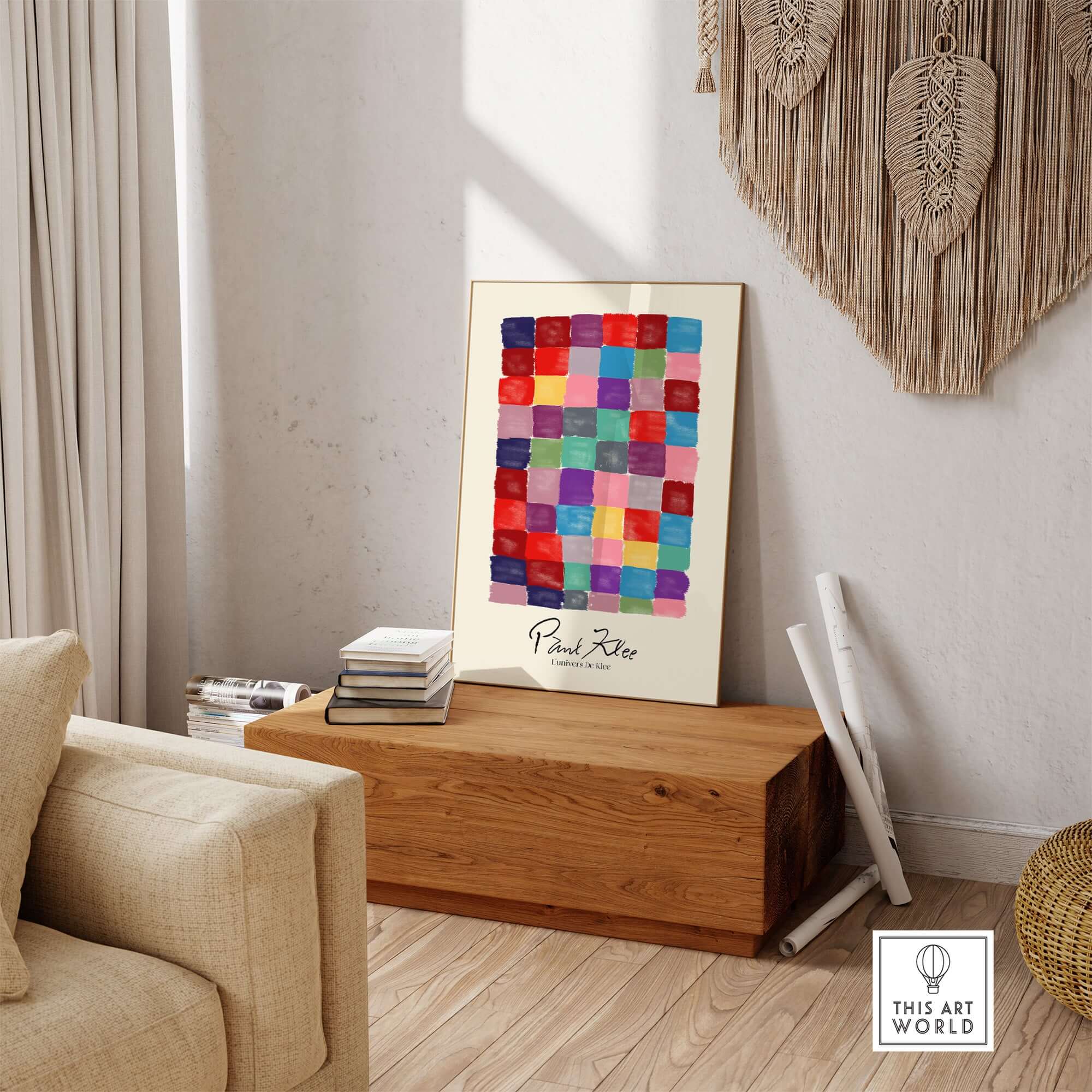 Paul Klee L univers De Klee Colorful Squares Abstract Grid Poster Art Print displayed in a modern living room setting.