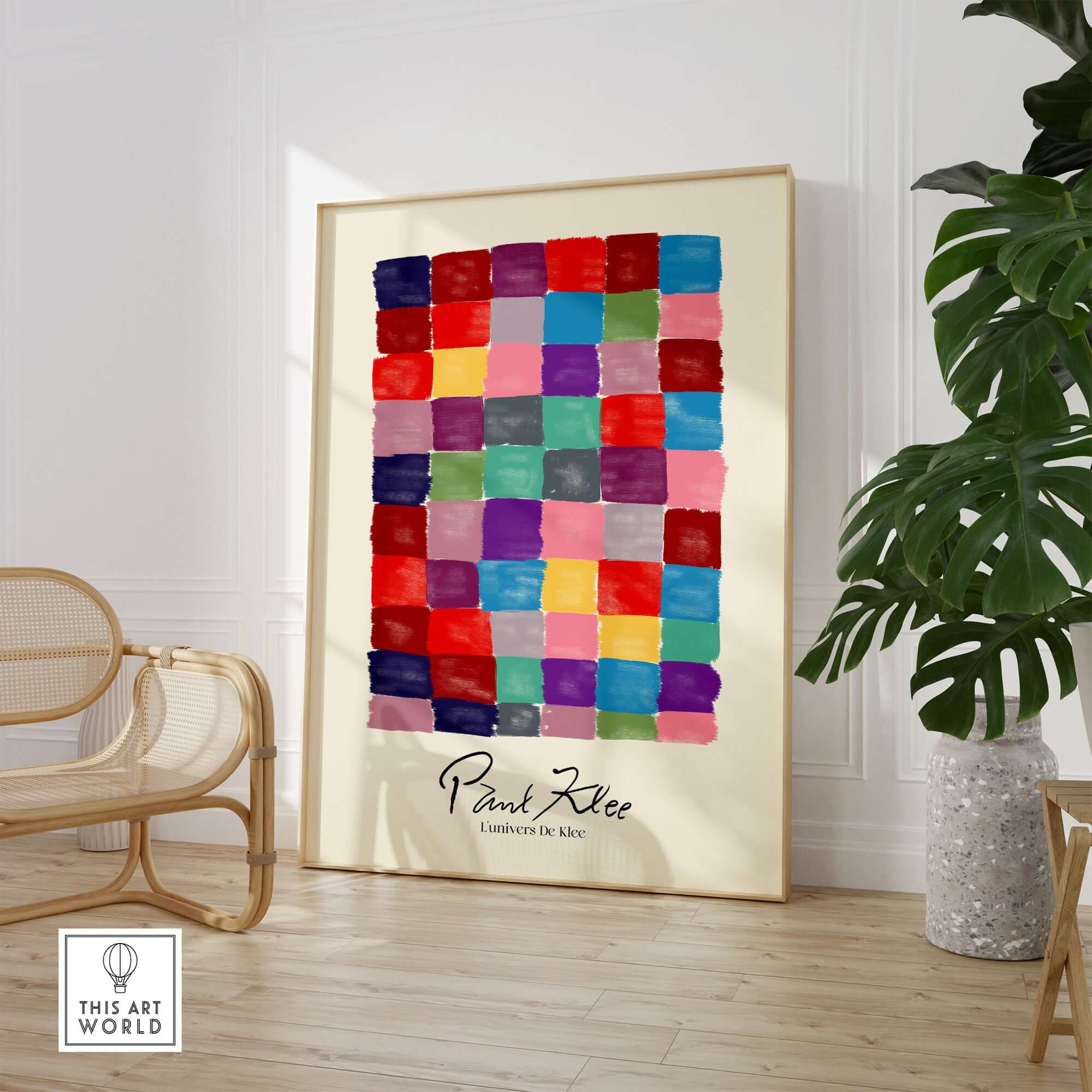 Paul Klee L univers De Klee Colorful Squares Abstract Grid Poster Art Print displayed in a modern living space.