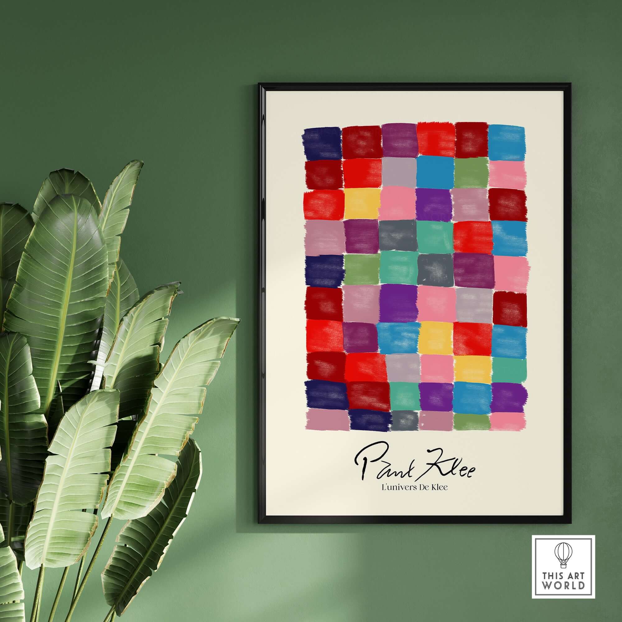 Paul Klee L univers De Klee Colorful Squares Abstract Grid Poster Art Print displayed in a stylish frame and green wall.