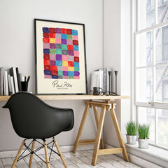 Paul Klee L univers De Klee Colorful Squares Abstract Grid Poster Art Print displayed in a modern office setting.