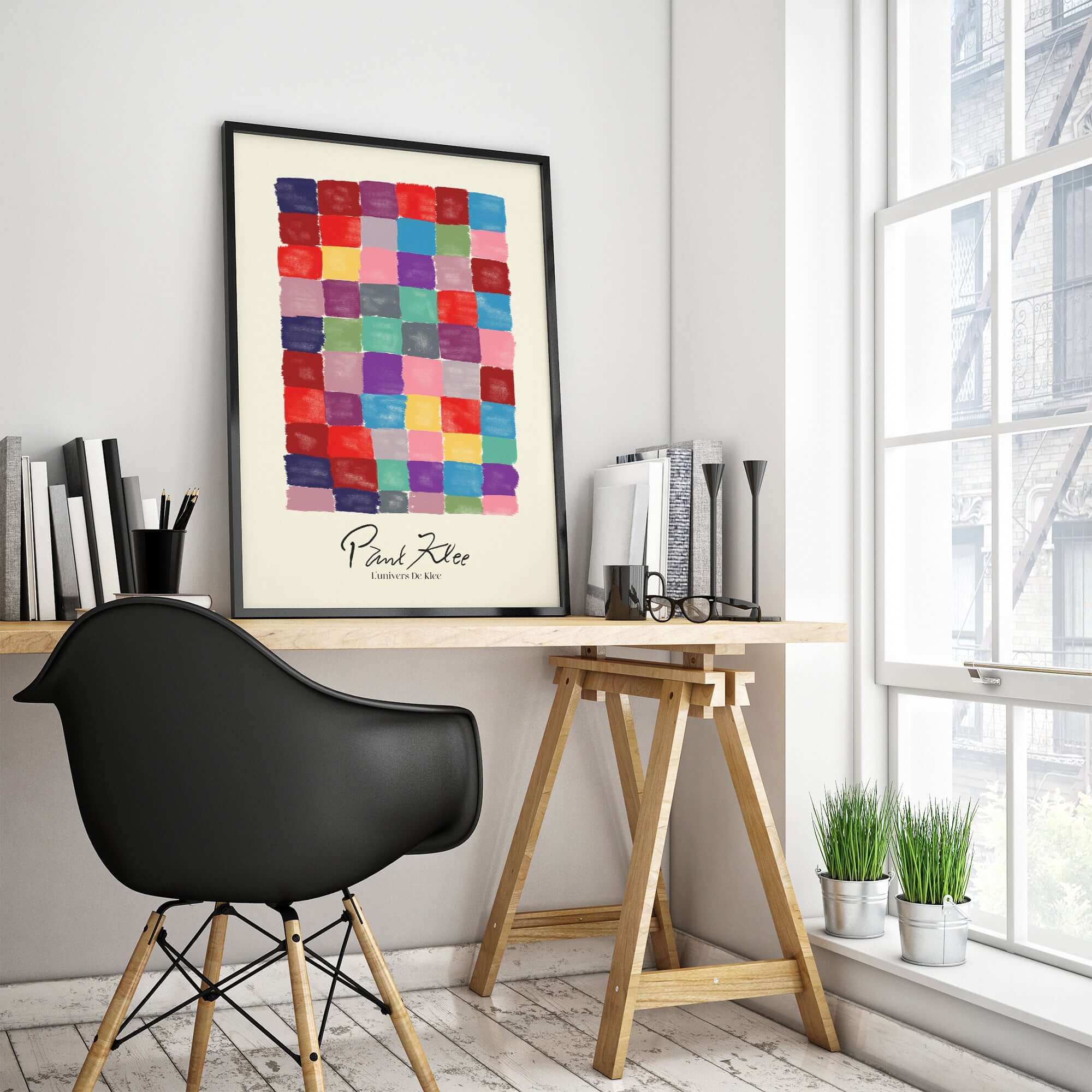 Paul Klee L univers De Klee Colorful Squares Abstract Grid Poster Art Print displayed in a modern office setting.