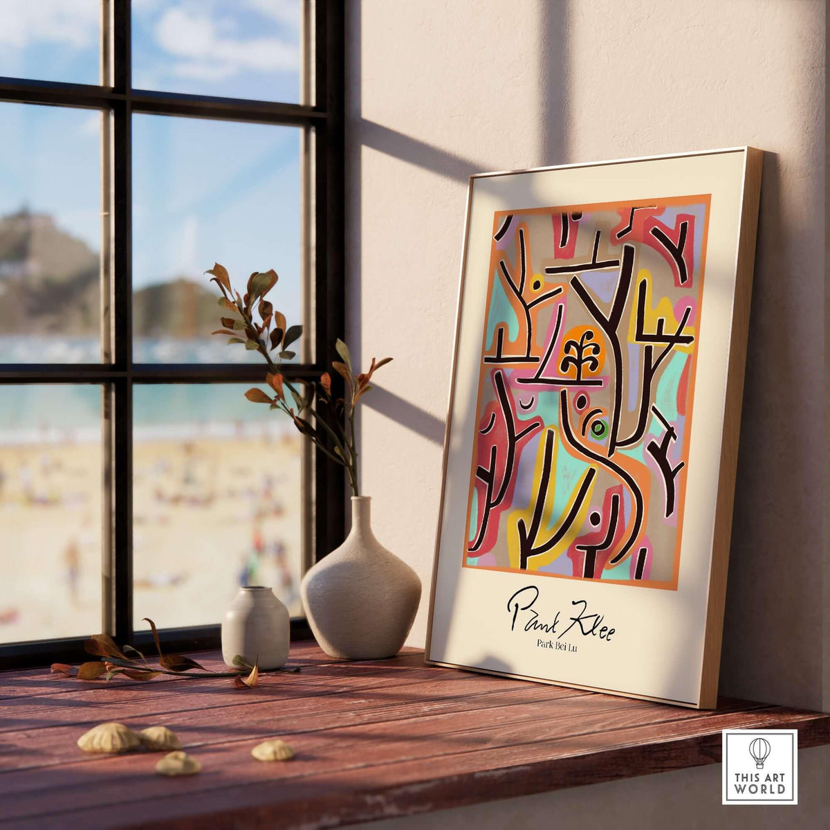 Paul Klee Park Bei Lu Colorful Abstract Landscape Poster Art Print displayed in a sunlit room with beach view.