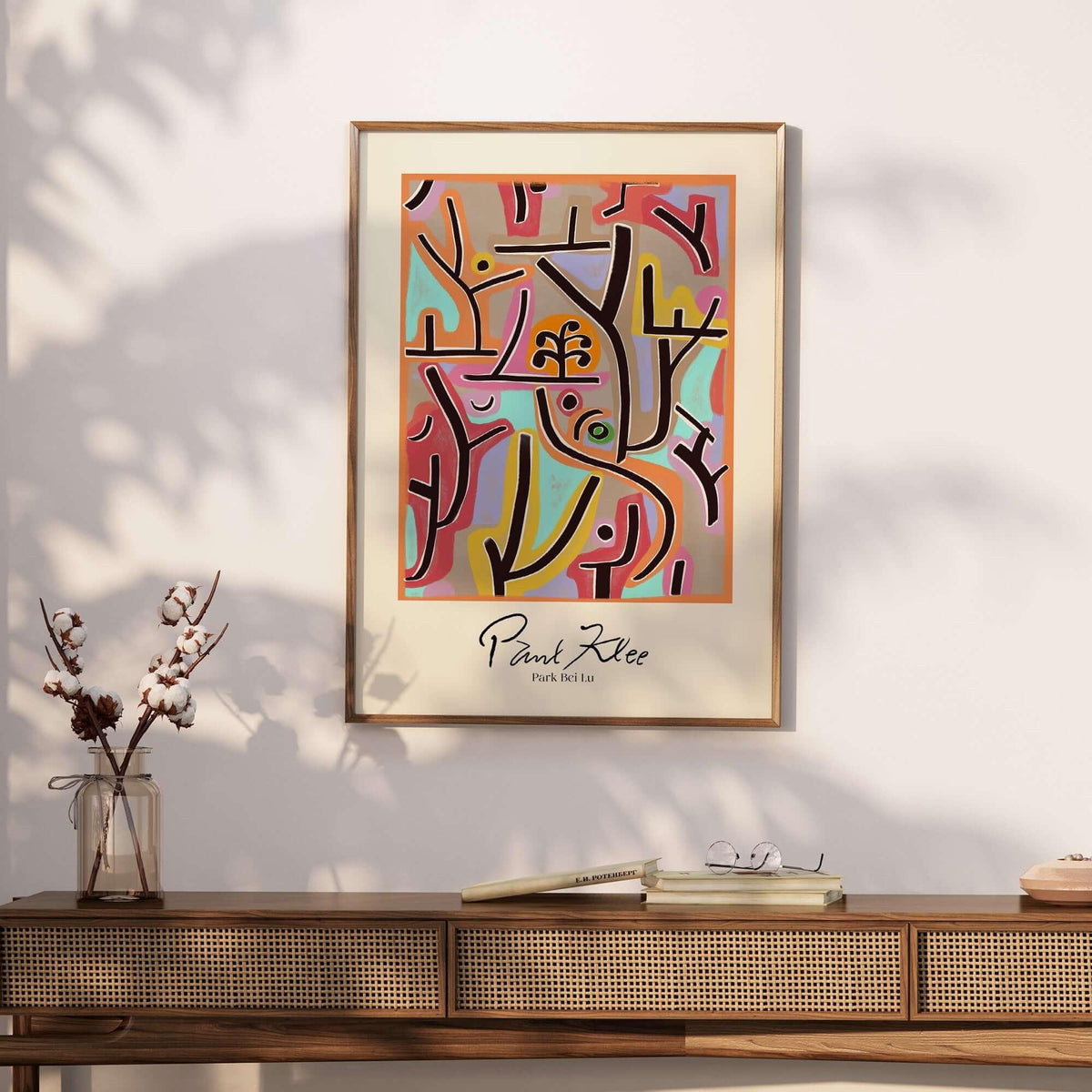 Paul Klee Park Bei Lu Colorful Abstract Landscape Poster Art Print displayed on a stylish wooden shelf.