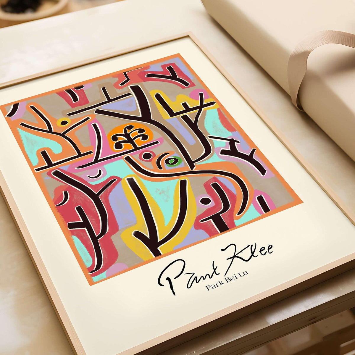Paul Klee Park Bei Lu Colorful Abstract Landscape Poster Art Print displayed in a stylish frame, showcasing vibrant colors and bold lines.