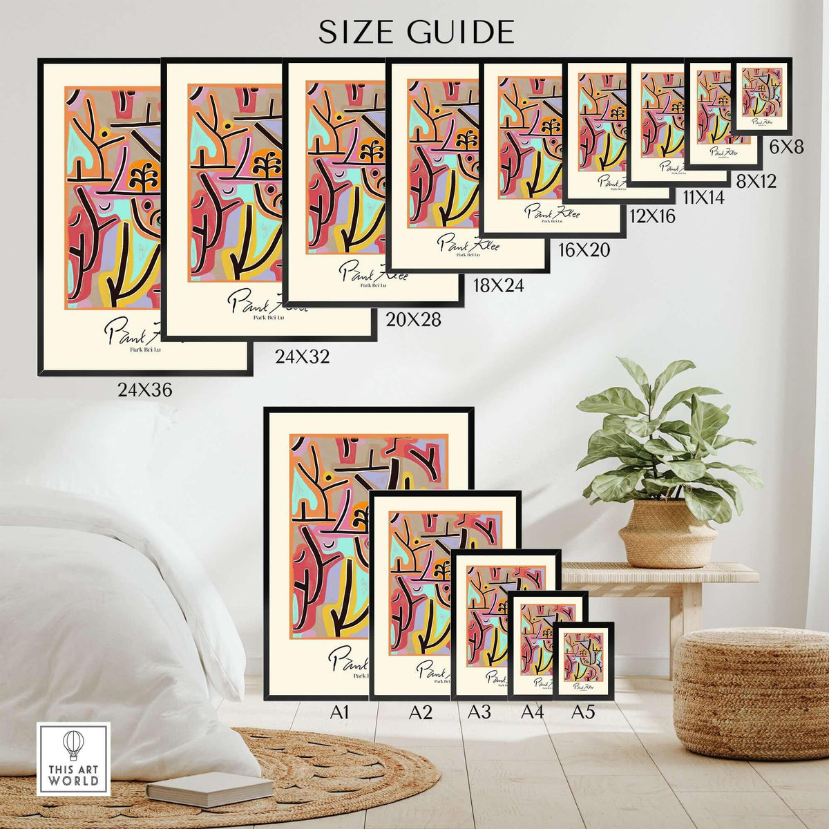 Size guide for Paul Klee Park Bei Lu Colorful Abstract Landscape Poster Art Print framed in various dimensions.