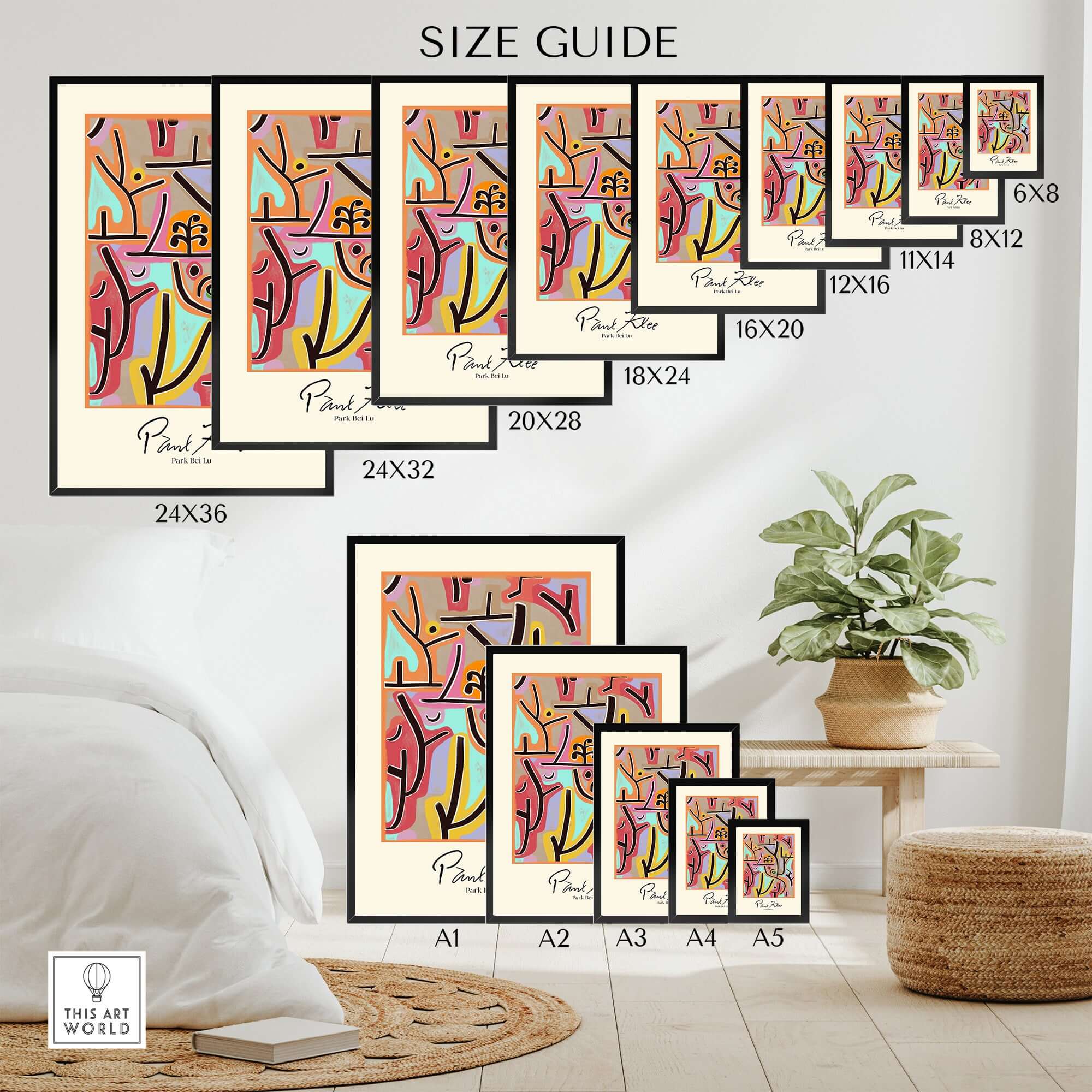 Size guide for Paul Klee Park Bei Lu Colorful Abstract Landscape Poster Art Print framed in various dimensions.