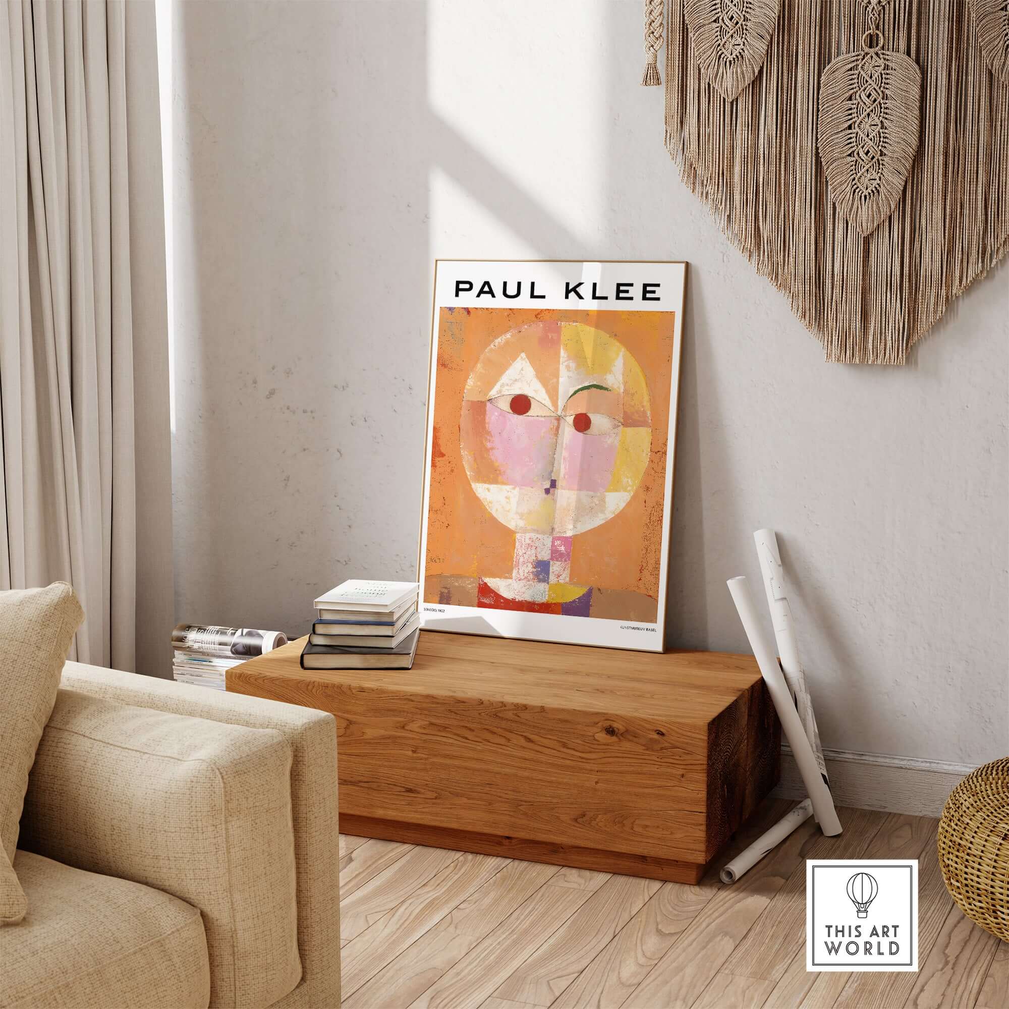 Paul Klee Senecio Head of Man Abstract Portrait Poster Art Print displayed in a stylish living room setting.